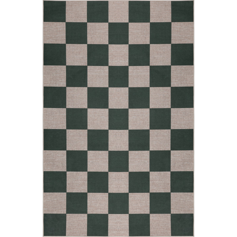 Washable Plaid and Geometric Indoor / Outdoor Rug, Vert foncé / naturel, Rectangle 4 pi x 6 pi