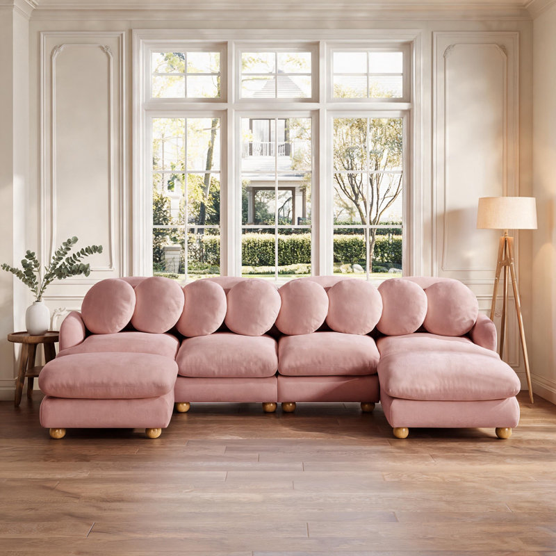 Grand canapé modulaire en chenille 4 places avec repose-pieds, Rose