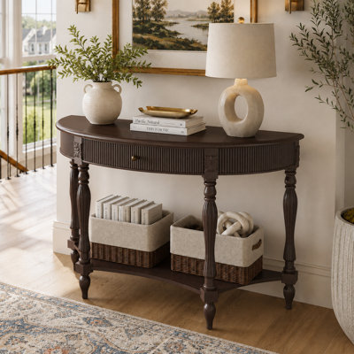 Console demi-lune cannelée en bois massif rétro avec tablette ouverte à tiroirs et colonne romaine avec pieds sculptés
