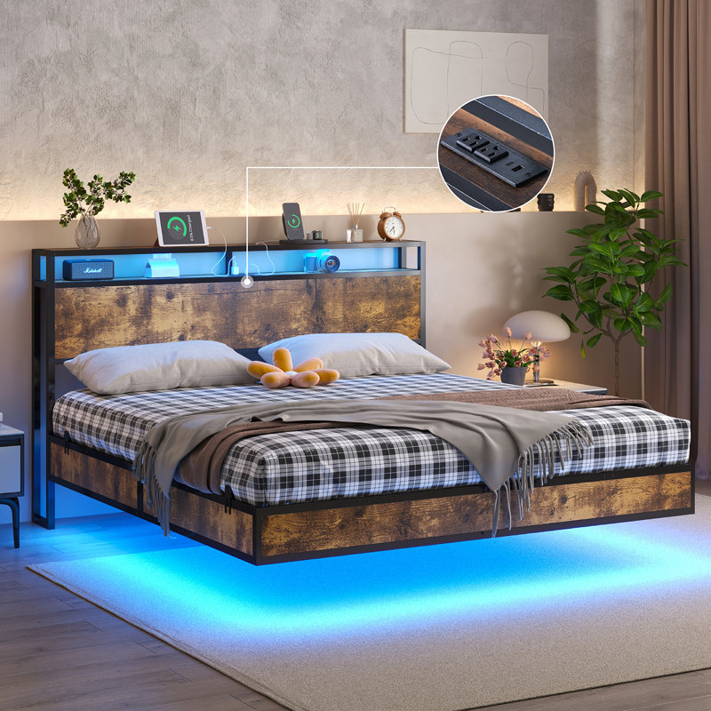 Khemis Floating Bed Frame with LED Lights and  Charging Station, Rustic Gray, King