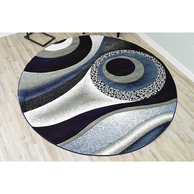 Tapis bleu marine / gris à motif abstrait Mccampbell, Rond 6 pi 6 po