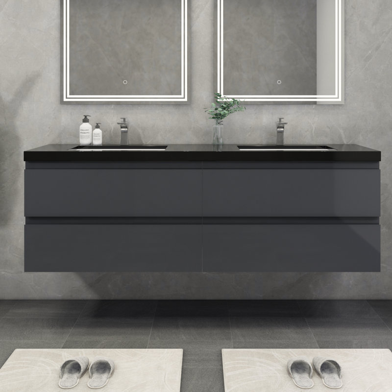 Ensemble de meuble-lavabo double mural 72 po Kirker, Gris lustré