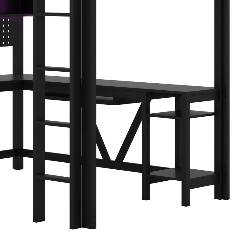 Lit mezzanine double en bois avec bureau, tablettes de rangement, DEL et station de charge, Noir