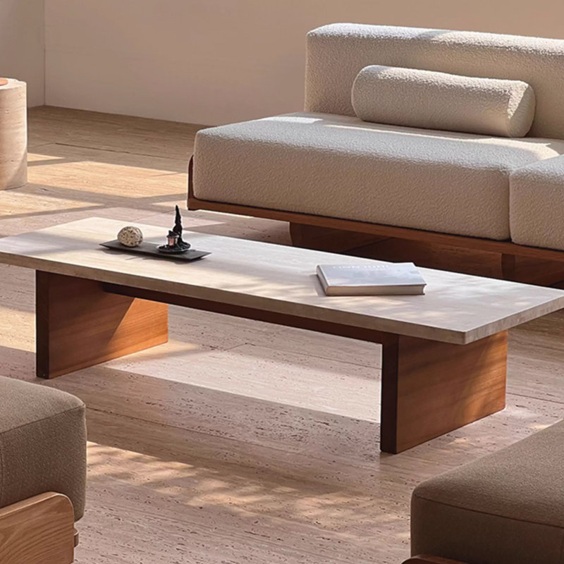 Wabi-sabi style natural travertine coffee table, 13.77" H x 55.11" L x 19.68" W