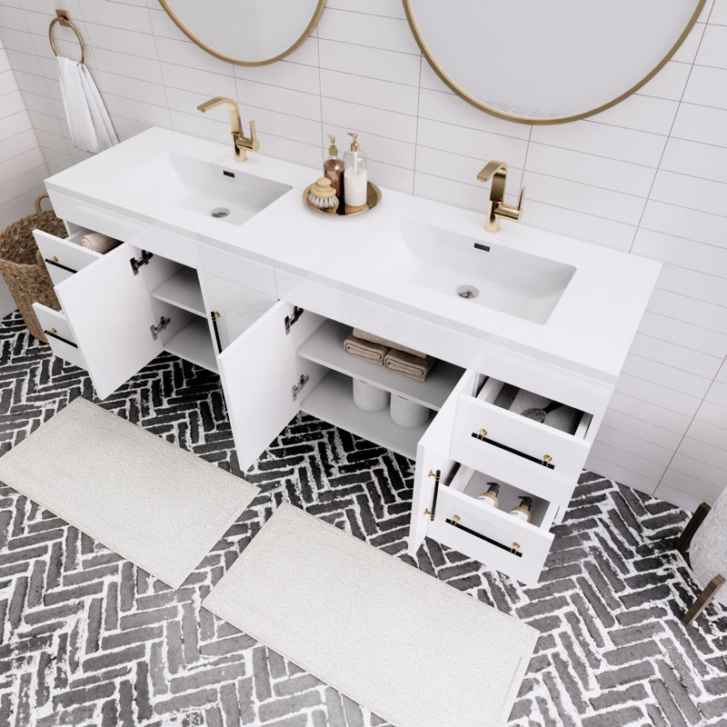 Ensemble de meuble-lavabo double mural 72 po Spring, Blanc lustré