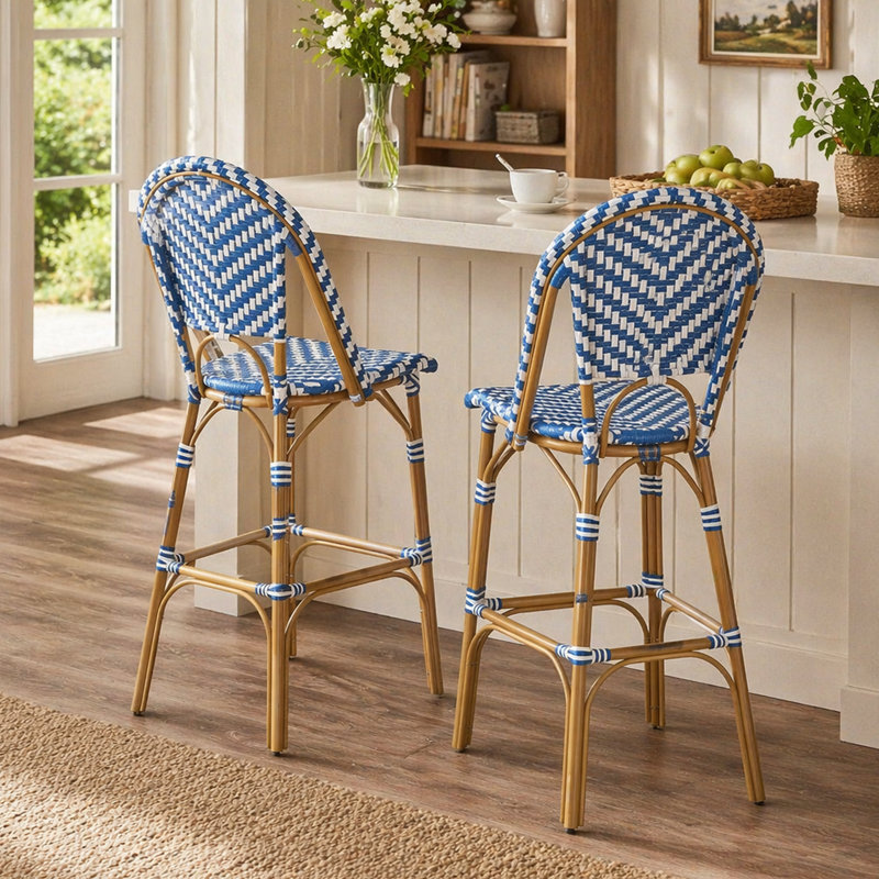 Tabouret de bar 29,5 po en rotin français d'extérieur, bleu marine et blanc, structure en aluminium avec finition en bambou