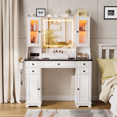 Vanity Desk With Mirror And Lights, Large Makeup Vanity Dressing Table With Power Outlet by Lark Manor