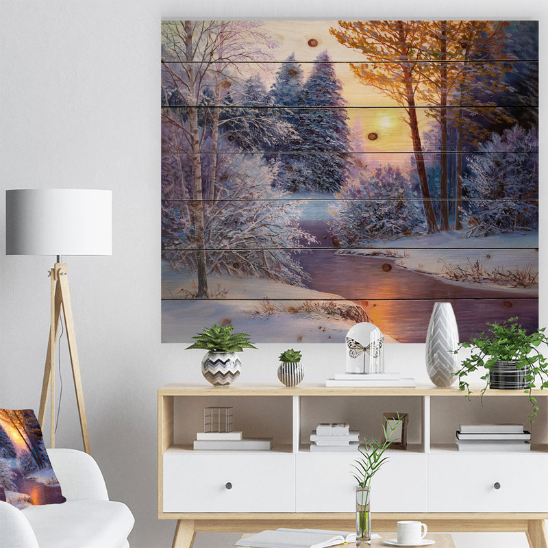 Winter Forest in RIVer - Peinture sur bois sans cadre, H 24 po x l 36 po x P 1 po