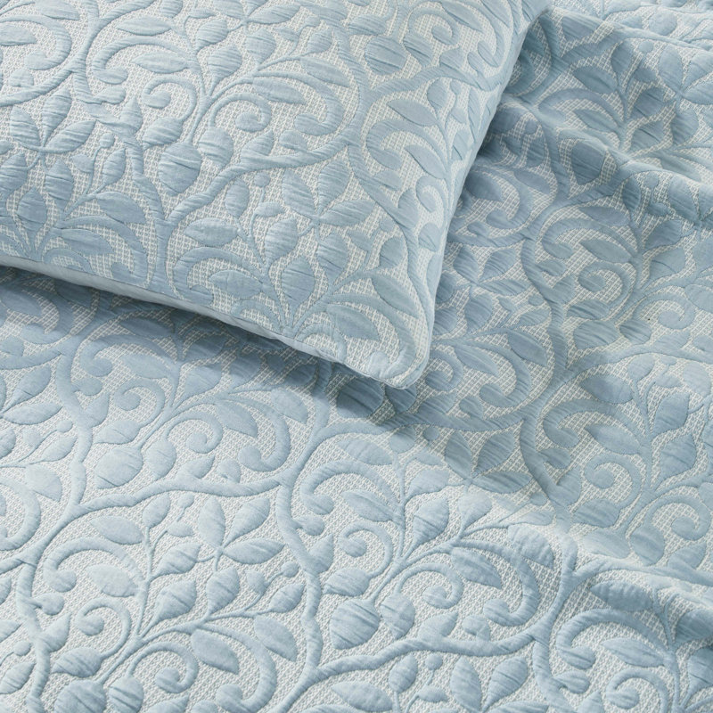 Vineyard Cotton Blend Medium Weight Matelasse Weave Floral Scroll Coverlet, Throw Coverlet, Sky Blue