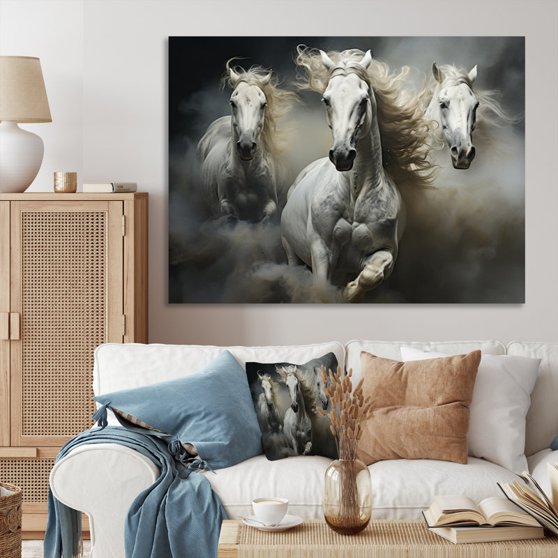 «White Beige Horse Equine Harmony», reproduction d'art sur toile encadrée, H 34 po x l 44 po x P 1,5 po, Encadrement argenté