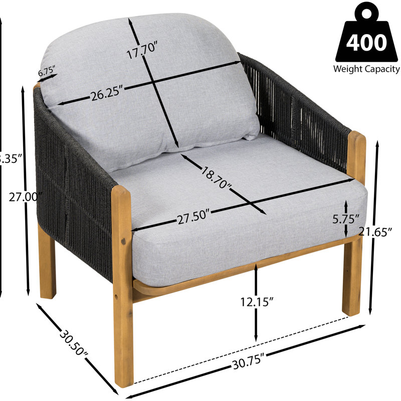 Fauteuils de jardin en bois, 2 pièces, corde gris foncé, coussins, confortables pour se détendre, soutien du corps