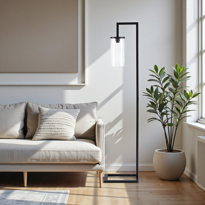 Cedric 68"H Contemporary Style In Black Metal, Glass Shade Floor Lamp