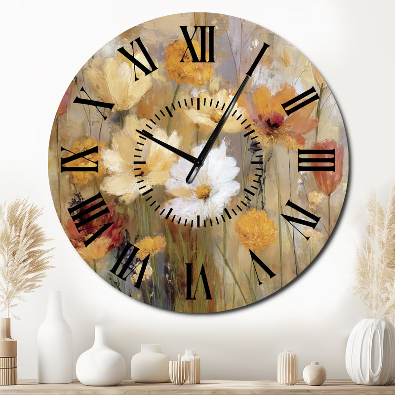 Horloge murale en métal « Champs de fleurs sauvages d'automne » - Maison jaune, Surdimensionné
