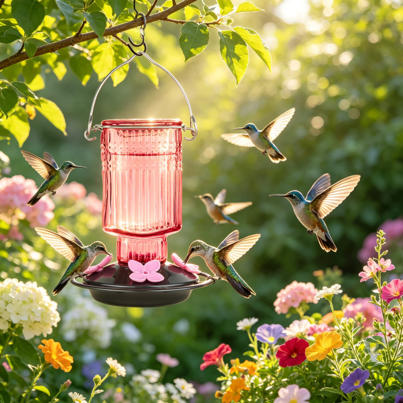 Mangeoire à colibri en verre rose antique avec base en plastique bronze naturel Nature's Way Petal