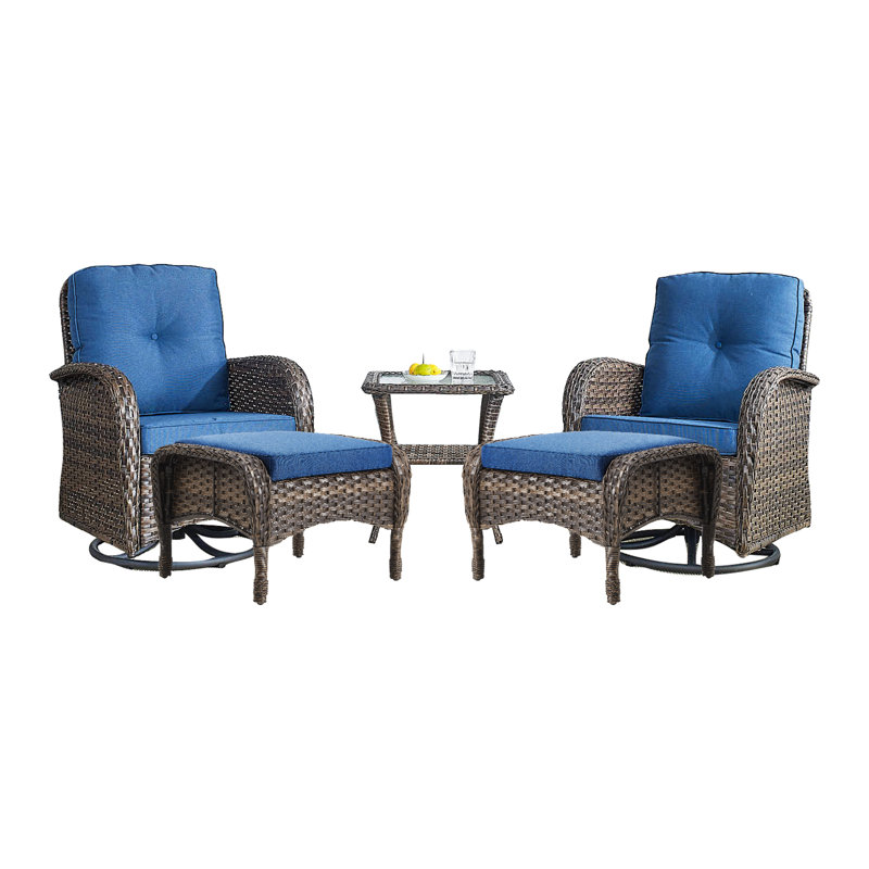 Aristil 5-Pieces PE Wicker Outdoor Patio Conversation Set With Swivel Glider Chair And Ottomans, Blue