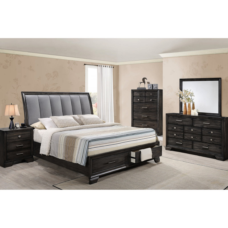 Lit Queen capitonné Ultra avec rangement, design contemporain, finition grise, bois massif, tête de lit à extension complète en métal et tiroirs de rangement, dossier français-anglais