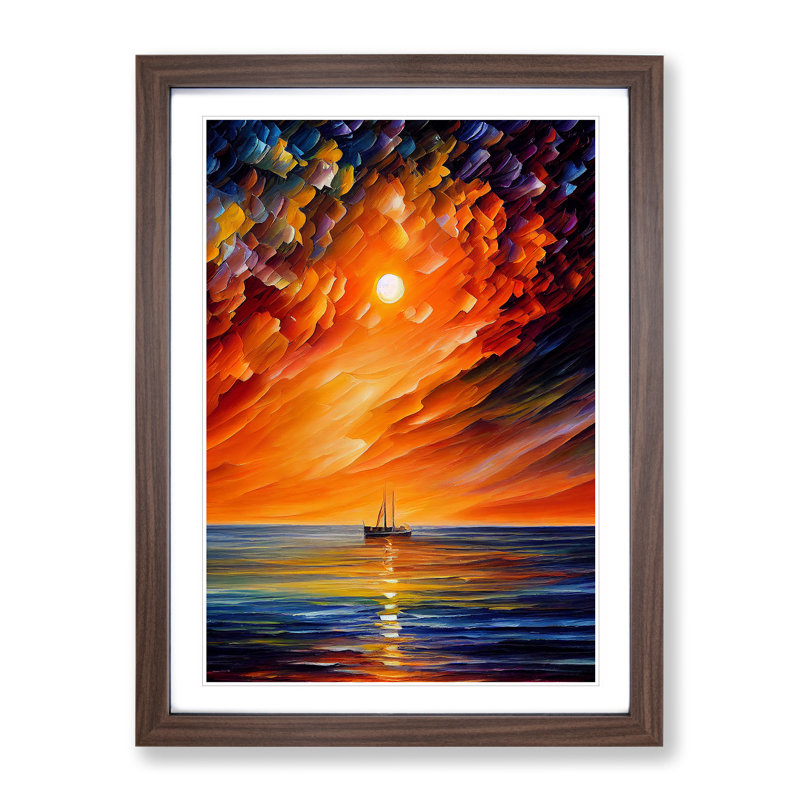 Boats Under The Sunset No.2 - Single Picture Frame Print, 64cm H x 46cm W x 2cm D, Walnut