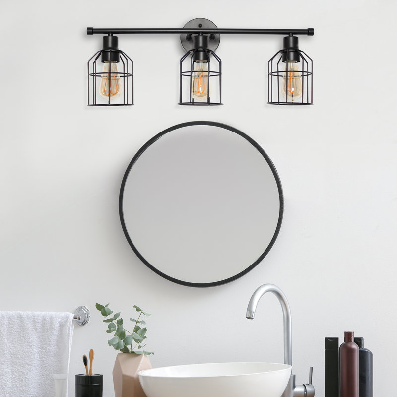 Black Industrial 3-Light Vanity Fixture with Wire Cage Shades