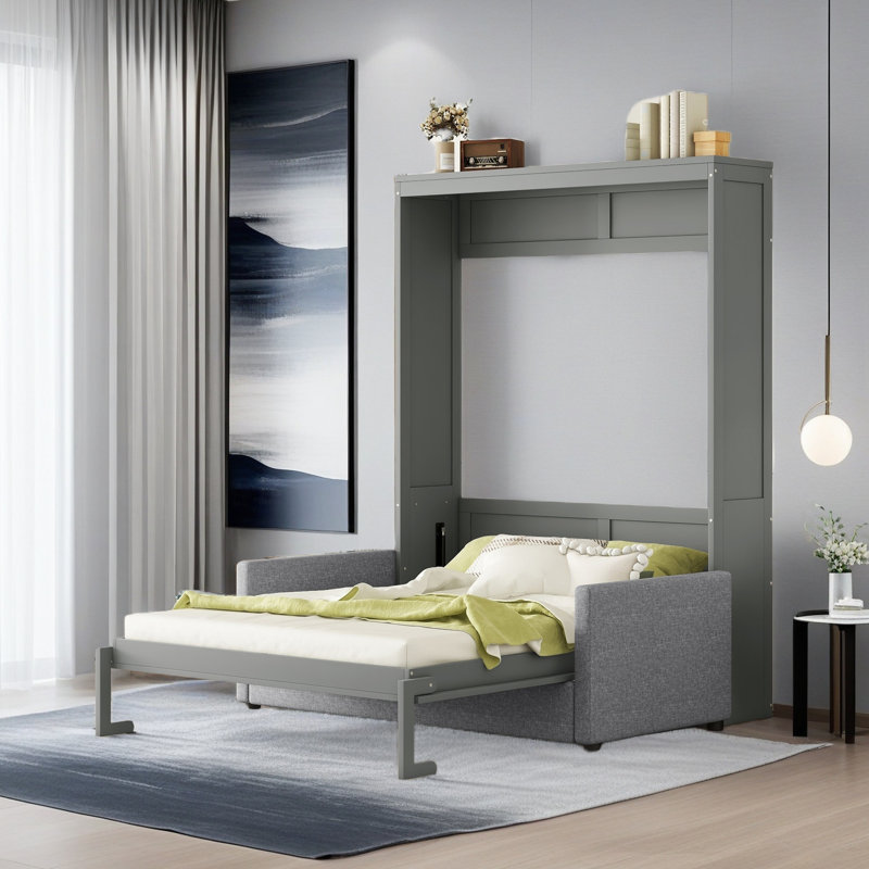Grand lit escamotable mural avec coussin, Gris