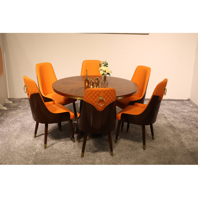 Vogue Lux Orange 61" Round Dining Set, Orange, 7 Pieces: Table, 6 Chairs, 31" H x 51" W x 51" D