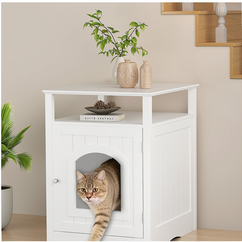 Meuble de litière pour chat, maison de chat en bois avec armoire fermée, litière cachée avec tablette de rangement, table d'appoint moderne pour salon ou chambre à coucher - blanc