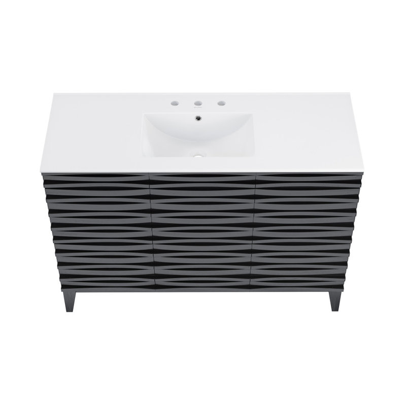 Meuble-lavabo en chêne brun Cascade 48 po avec comptoir en céramique blanc à 3 trous, Blanc, 8 po, Brown Oak