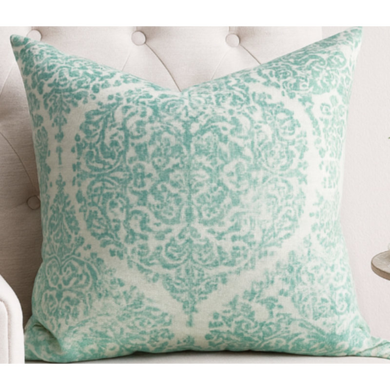 Damask Block Printed Accent Pillow, Aqua