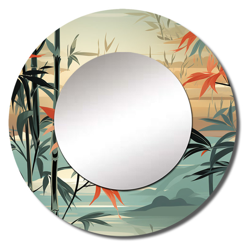 Motif tropical de mirage de bambou vert et orange - miroir tropical, miroir mural rond vert unique, impression d'art en métal
