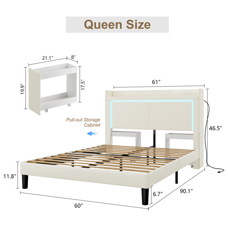 Modern Bed With 2 Nightstands, Charging Station And Colorful Led Light, Beige