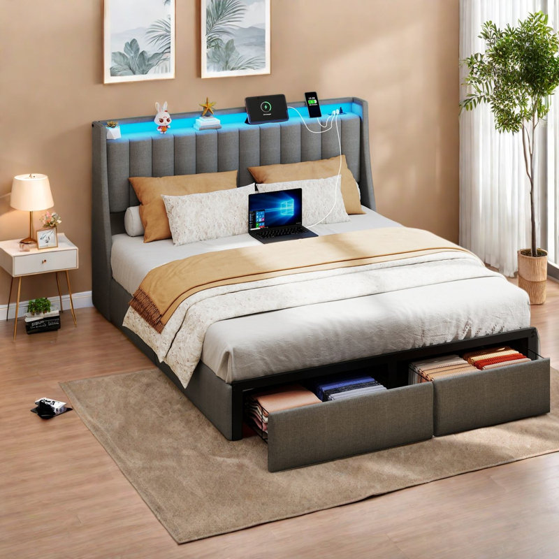 Lit Queen Size avec rangement, lit en métal gris, station de recharge moderne à DEL RVB pour la maison