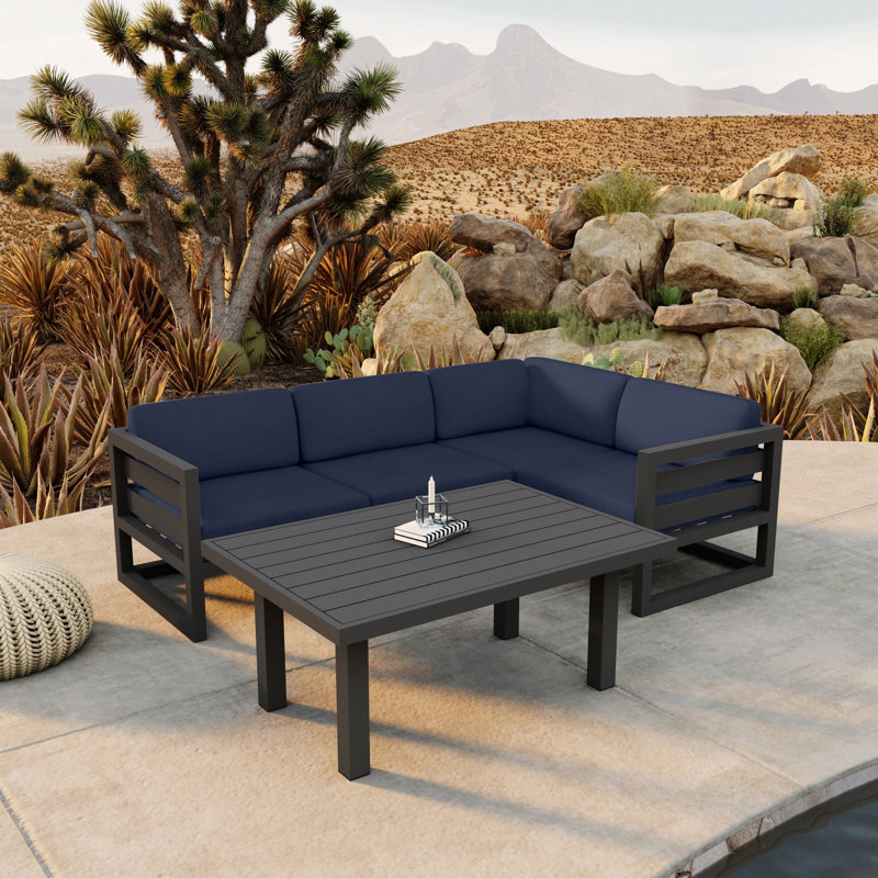 Smith 5 Piece Sectional Seating Group with Sunbrella® Cushions, Spectrum Indigo Sunbrella®, Slate