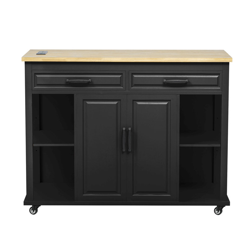 47" Kitchen Island with Extendable Table, Built-In Outlet & Storage – Black, Black