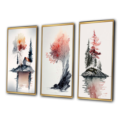 «Red Watercolor Tree By A Little Countryhouse», 3 pièces sur toile