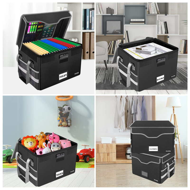 Black Fireproof Document Storage Box with Lock and Pockets, 2 Pack