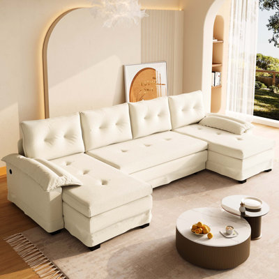 Canapé-lit en U 109,5 po beige / blanc avec lit escamotable, canapé-lit convertible 2-en-1 avec accoudoirs amovibles et ports USB, canapé modulaire surdimensionné avec méridienne pour salon et appartement