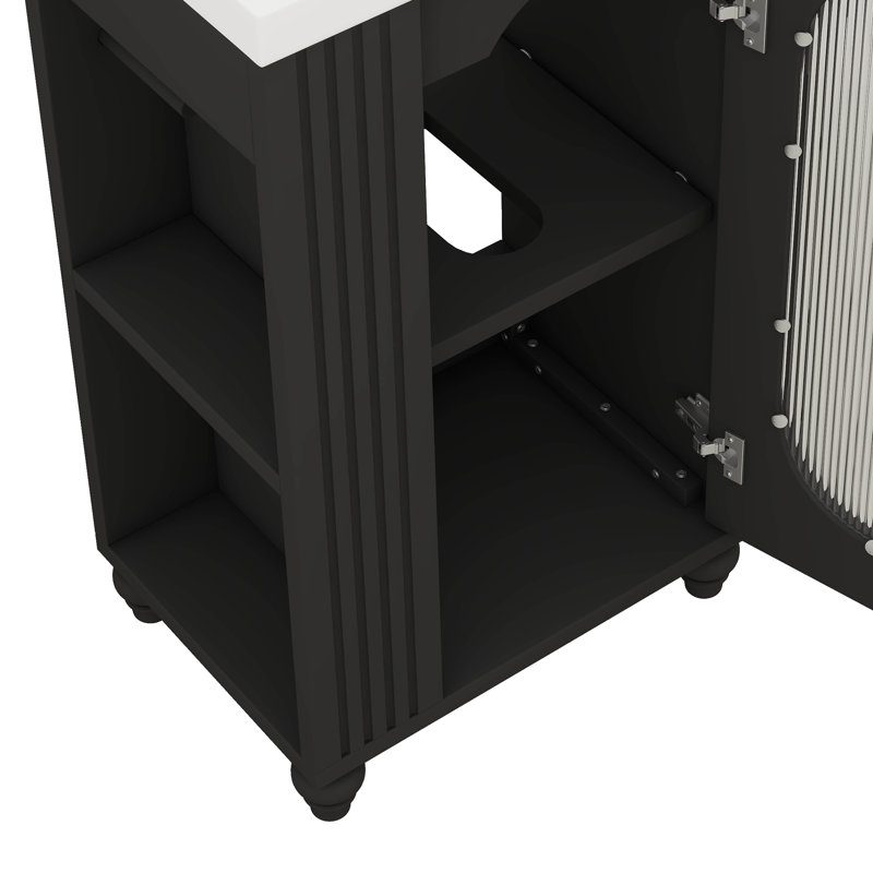 Contemporary 20 Inch Bathroom Vanity Cabinet With Ceramic Sink Glass Door And Adjustable Shelf, Black
