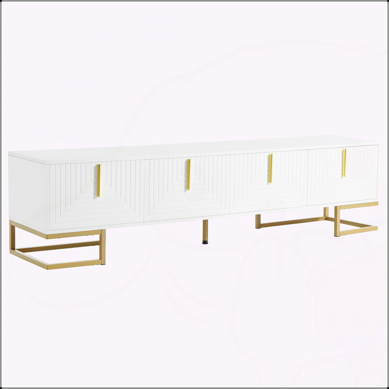 TV Stand with Metal Legs and Gold Handles for TVs Up to 80'', White+Gold