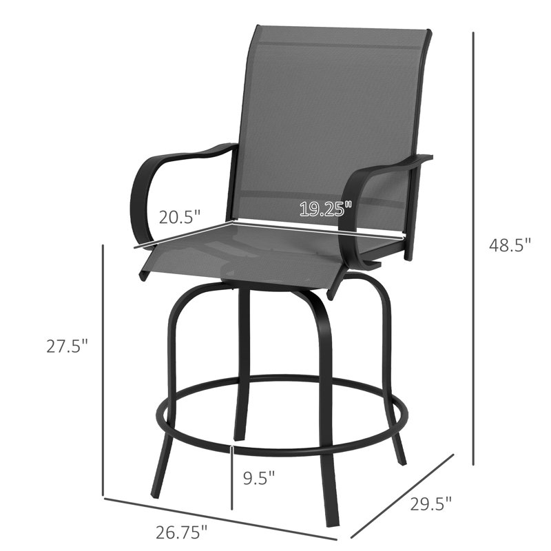 Tabourets de bar d'extérieur avec pivot à 360 degrés, tissu à mailles élevées, structure en acier pour le patio, balcon, bord de piscine, 2 tabourets de jardin pivotants gris, 2 chaises grises