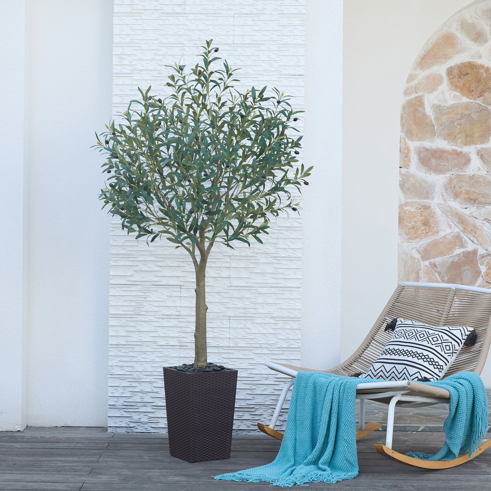 Altera UV Resistant Artificial Olive Tree for Indoor & Outdoor Decor, Large Plastic Base with Pebbles, Brown