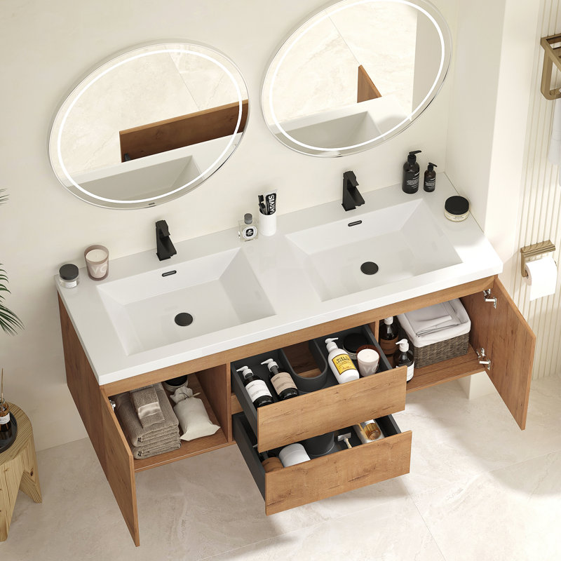 Meuble-lavabo double 59,1 po avec comptoir et deux tiroirs, meuble-lavabo mural flottant avec armoires de rangement (robinet non inclus), entièrement assemblé