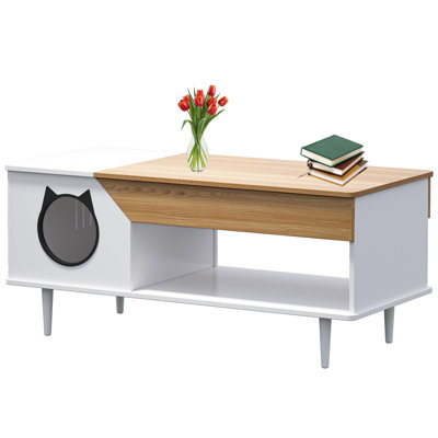 45 Inch Wood color Modern White Coffee Table Built In Hidden Cat Litter Cabinet Large Storage Drawer Independent Cat Door Particle Board Space Saving Multi Functional Living Room Pet Furniture