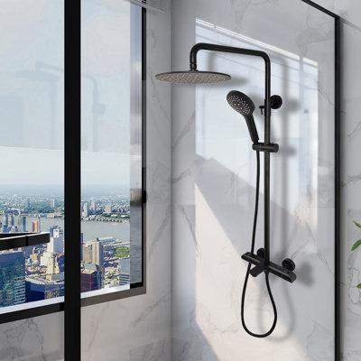 Zen Three Function Thermostatic Exposed Shower Pipe System With Round 10inc Rain Shower Head And 3 Functions Hand Shower And Tub Spout.