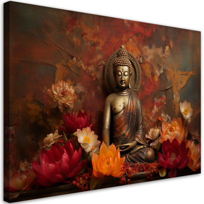Meditating Buddha And Colourful Flowers - No Frame Print on Canvas