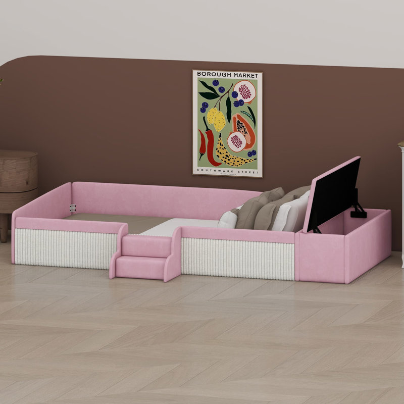 Lit de jour avec pouf de rangement à vérin à gaz et escalier, montage facile., Lit simple, Rose et blanc