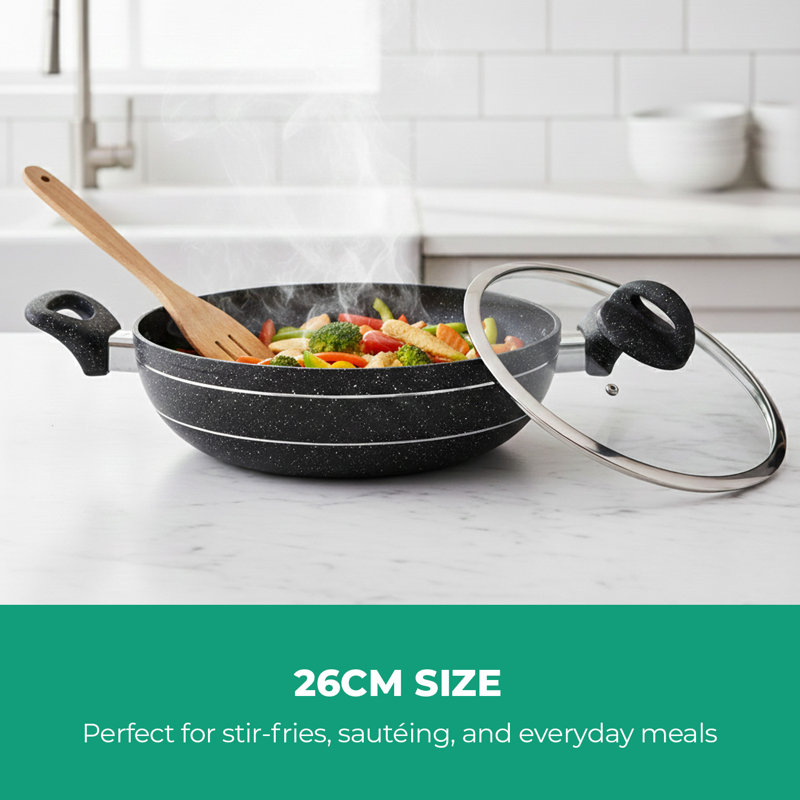 ROYALFORD Wok Pan 26Cm | Induction Safe Frying Pan with Tempered Glass Lid | Forged Aluminium Cookware with 5-Layer Non-Stick Granite Coating Cooking Pot | PFOA Free Dishwasher Safe | Terranox Series