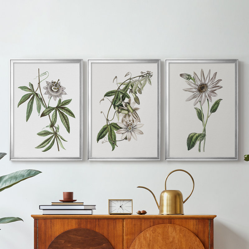 Tropical Botanical I - Toile tendue avec châssis sur mesure - 3 pièces, H 15 po x l 19 po, Argent argent