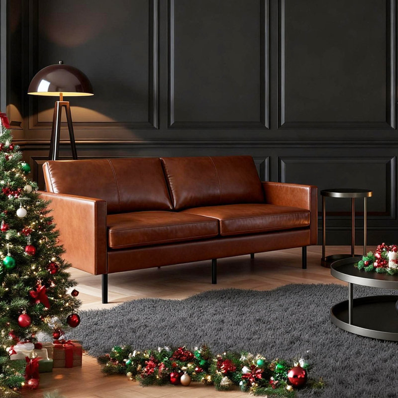 Genuine Leather Square Arm Sofa, Brown, Brown