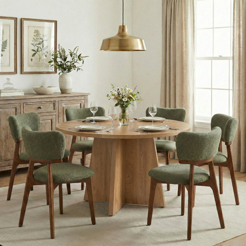 Ensemble de table de salle à manger moderne avec chaises H 32,1 po Rohun, Marron clair, 7 pièces : table, 6 chaises, Vert
