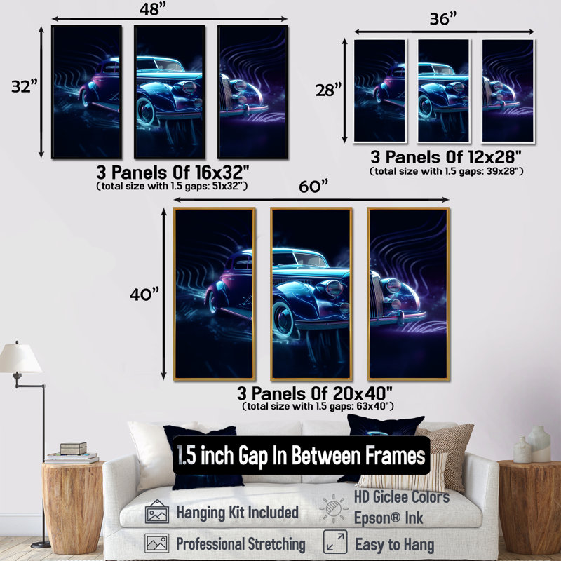 Neon Light Strips Indigo Vintage Car II - Car Vintage, Cadre flottant doré, H 40 po x l 60 po x P 1 po