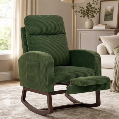 Nursery Glider Rocking Chair with Footrest, Upholstered Rocker with High Back, Solid Wood Legs & Side Pockets, Corduroy Accent Chair for Nursery, Living Room & Bedroom
